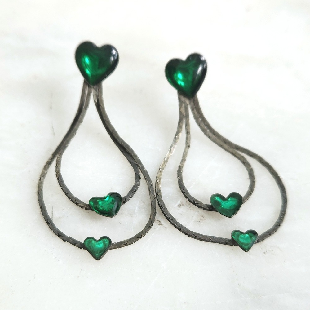 Vintage Emerald Green Heart Teardrop Double Hoop Post Earrings Silver Tone